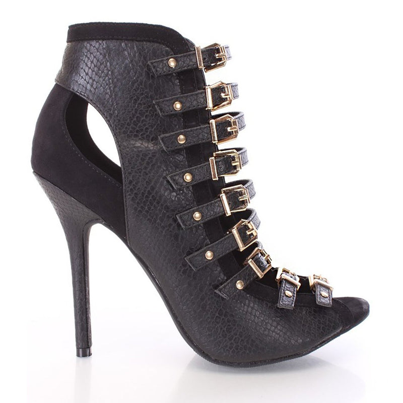 Black Buckle Strappy Ankle Booties Faux Vegan Leather