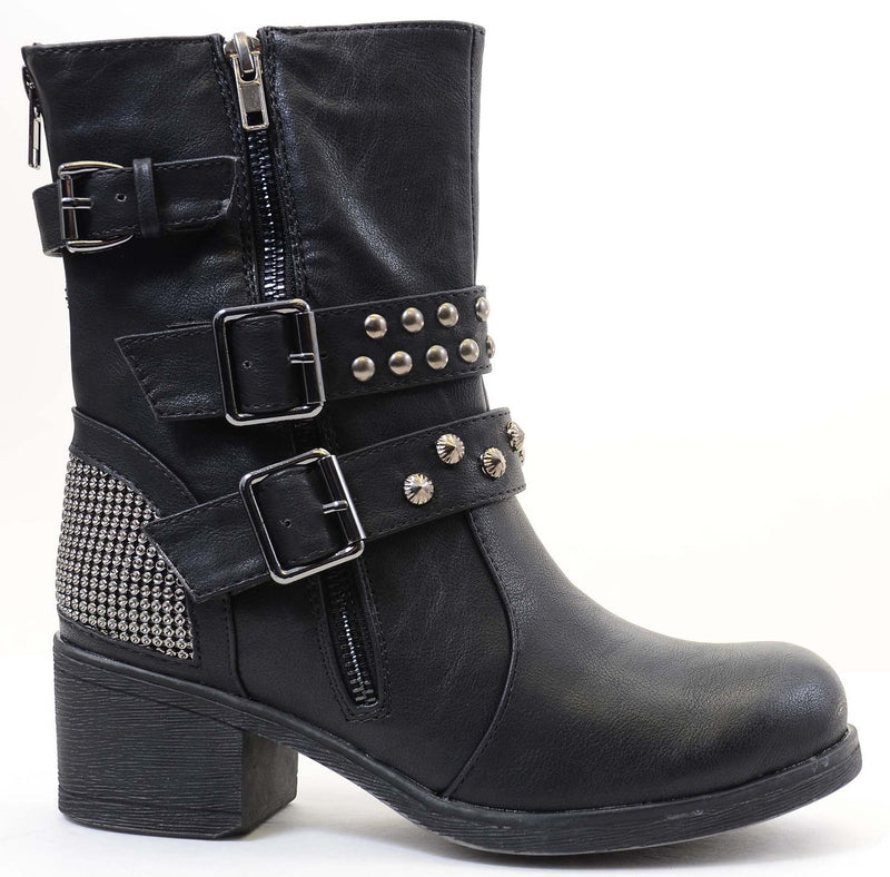 Studded Buckle Zipper Combat Military Women's Vegan Boots