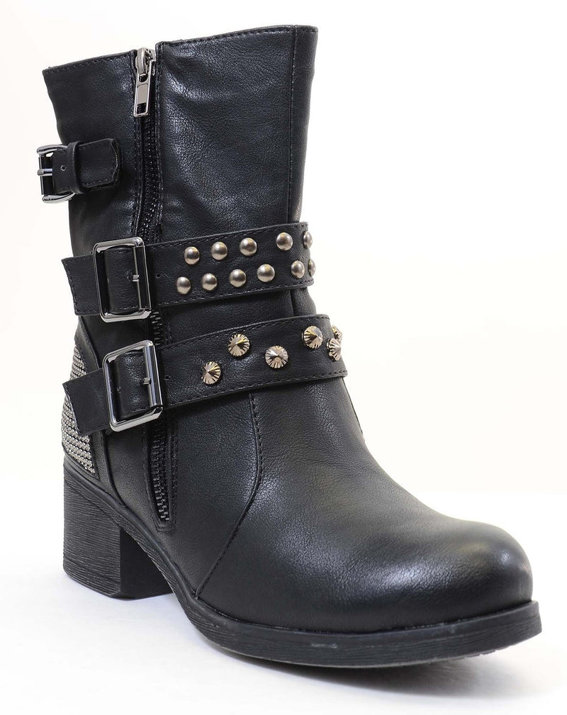 Studded Buckle Zipper Combat Military Women's Vegan Boots