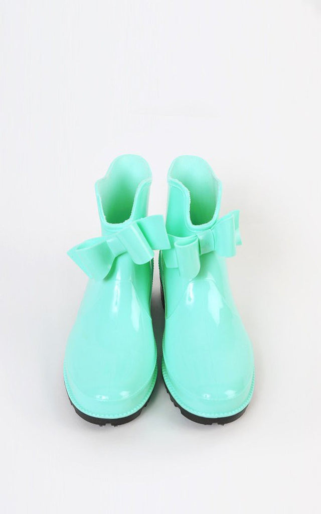 Mint or Pink Bow Detailed Rubber Wet Weather Wellies Ankle Rainboots