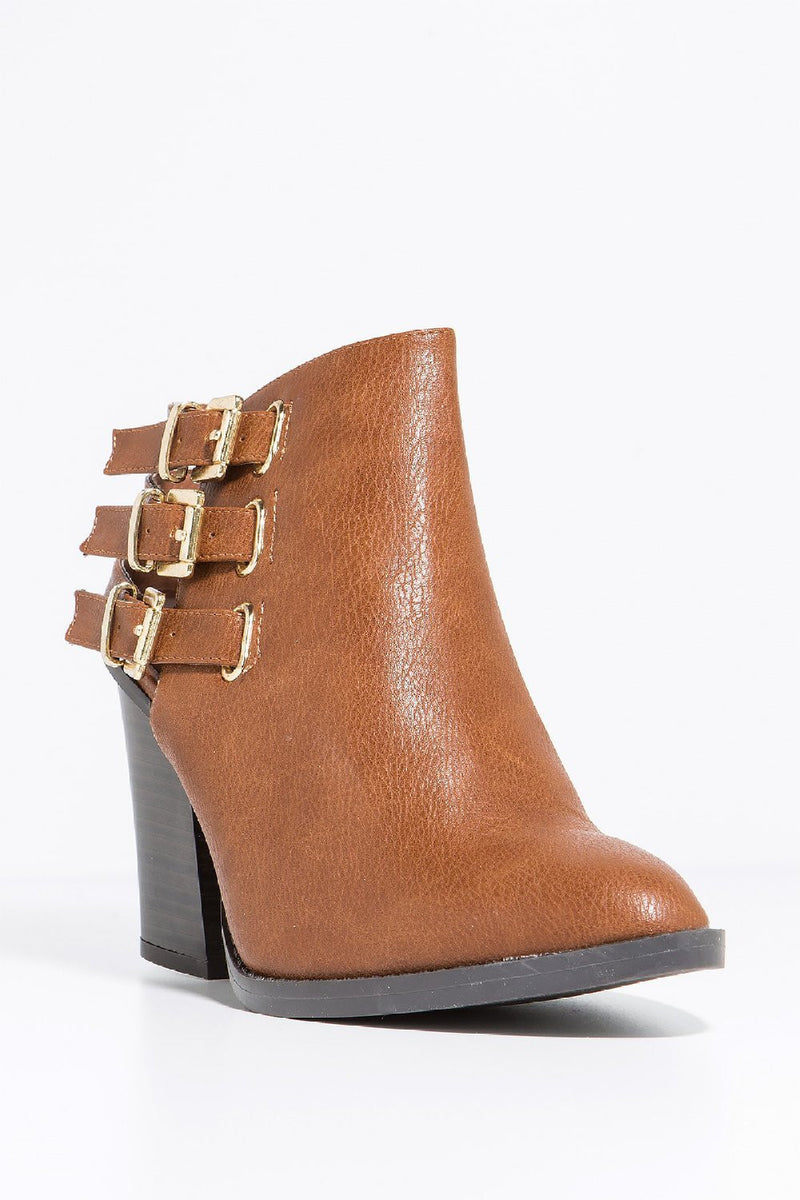 Whiskey Tan Strappy Buckle Vegan Faux Leather Ankle Women's Boots