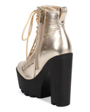 Metallic Gold Lace Up Lug Sole Platform Ankle Combat Boot