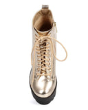 Metallic Gold Lace Up Lug Sole Platform Ankle Combat Boot