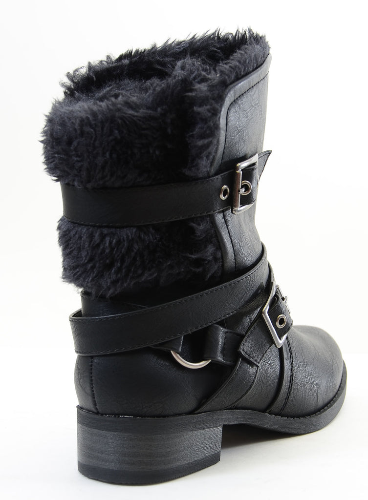 Shearling Fur Moto Combat Vegan Mid-calf Women's Boots
