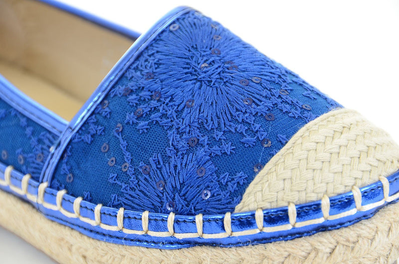 Blue Stitched Flower Canvas Cap Toe Stripes Espadrille Skimmer Loafer Flat