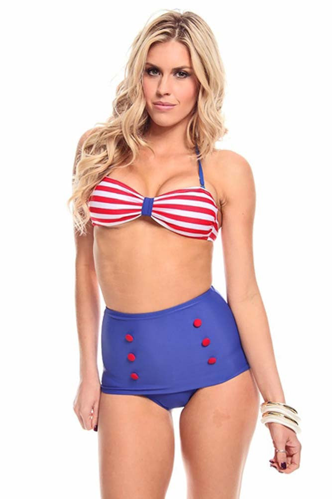 Red and Blue Patriotic High Waist Swimsuit Fashion Halter Bikini