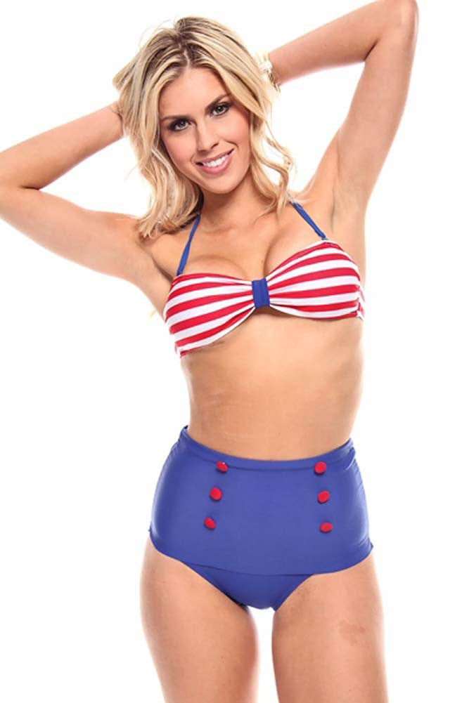 Red and Blue Patriotic High Waist Swimsuit Fashion Halter Bikini
