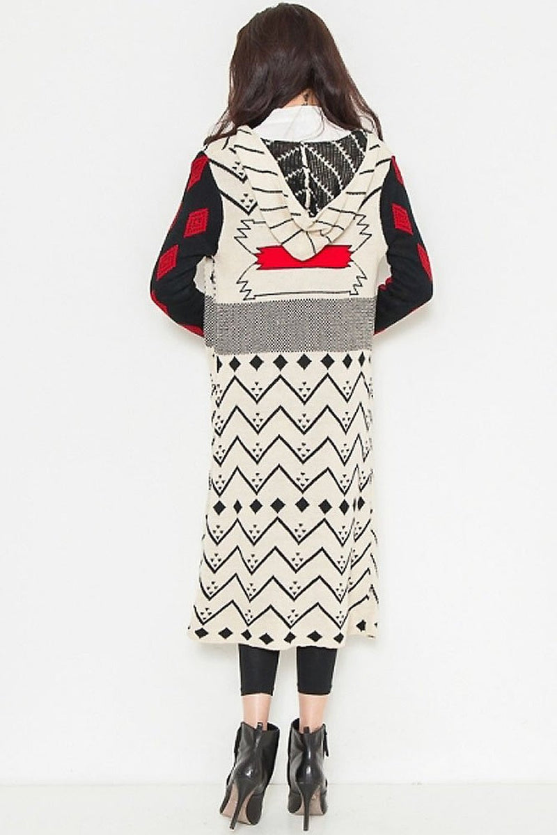  Ivory Red Tribal Aztec Open Front Hooded Cardigan Sweater