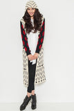  Ivory Red Tribal Aztec Open Front Hooded Cardigan Sweater