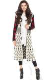  Ivory Red Tribal Aztec Open Front Hooded Cardigan Sweater