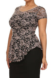  Mocha Floral Lace Fit and Flare short Sleeve Asymmetric Low Back Blouse U.S.A 