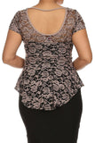  Mocha Floral Lace Fit and Flare short Sleeve Asymmetric Low Back Blouse U.S.A 