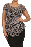  Mocha Floral Lace Fit and Flare short Sleeve Asymmetric Low Back Blouse U.S.A 