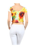 Abstract Sunflower Water Color Printed Short Sleeve Crop Top