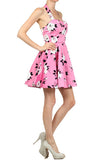 Pink Floral Rose Printed Retro Full Skirt A-Line Dress