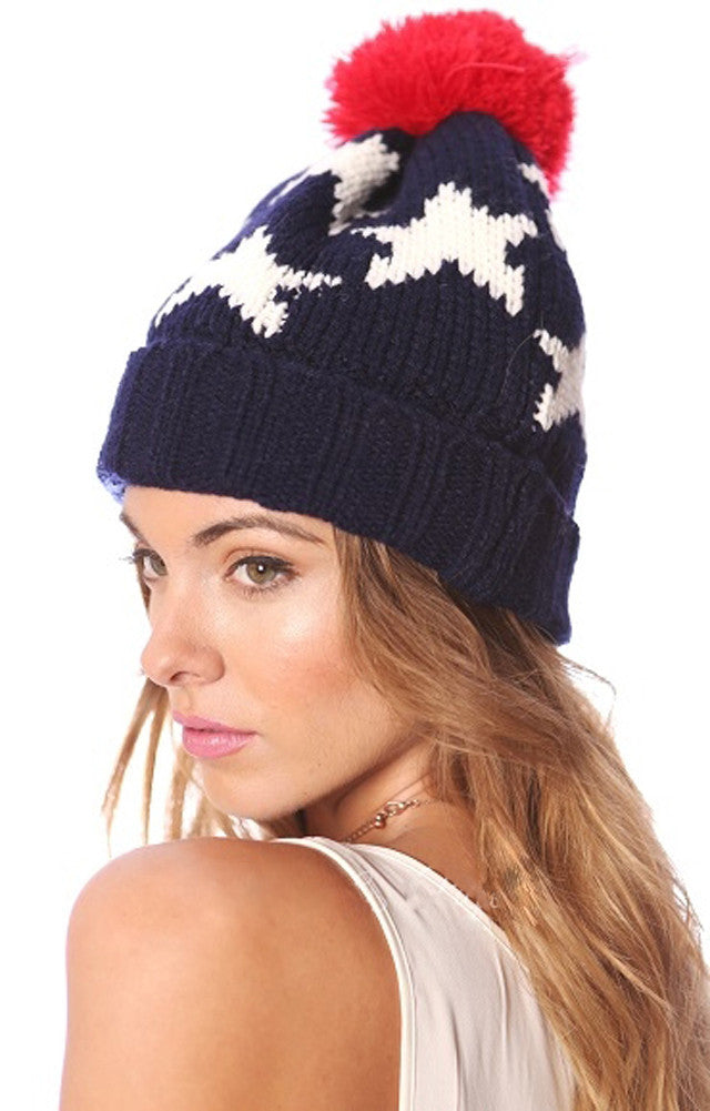 Navy Blue Patriotic Stars Thick Knit Pom Beanie Ski Hat 