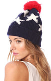 Navy Blue Patriotic Stars Thick Knit Pom Beanie Ski Hat 