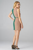  Esley Belted Tan Green Colorblock Sleeveless Ruffle Cocktail Dress