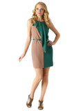  Esley Belted Tan Green Colorblock Sleeveless Ruffle Cocktail Dress