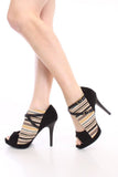  Stripe Woven Peep-toe Cut-out Strappy Heels Women 