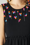  Colorful Floral Applique Accent Neckline Black Flowy Cocktail Dress 