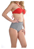  Red Striped High Waisted Halter Bandeau Two Piece Bikini Swimsuit 