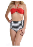  Red Striped High Waisted Halter Bandeau Two Piece Bikini Swimsuit 