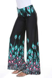  Bold Peacock Feathers Wide Legged Boho Womens Palazzo Pants 