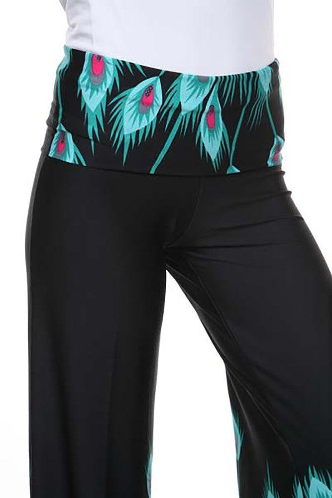  Bold Peacock Feathers Wide Legged Boho Womens Palazzo Pants 