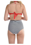  Red Striped High Waisted Halter Bandeau Two Piece Bikini Swimsuit 