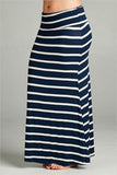 Navy Striped Fashion Knit Fold Over Plus Size Maxi Skirt