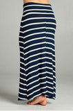 Navy Striped Fashion Knit Fold Over Plus Size Maxi Skirt