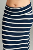 Navy Striped Fashion Knit Fold Over Plus Size Maxi Skirt