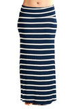 Navy Striped Fashion Knit Fold Over Plus Size Maxi Skirt