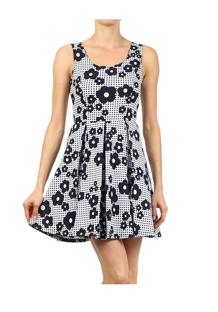 Polka Dot Floral Print Sleeveless A-line Fashion Mini Dress