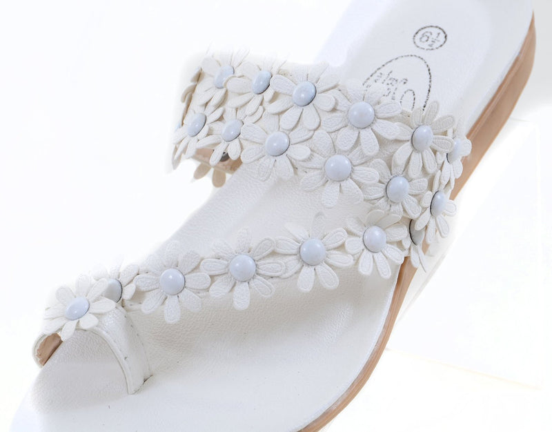 Flowers Toe-ring Wedge Slide White Womens Vegan Leather Sandal