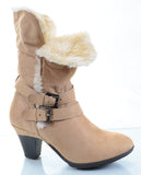  Furry Fold Over Buckle Straps Mid Calf Ankle Chunky Boots