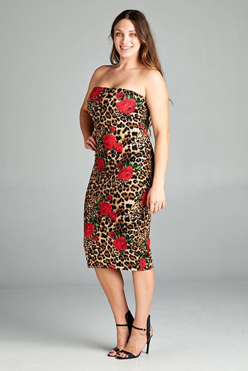 Plus Size Rose & Leopard Fitted Strapless Midi Dress