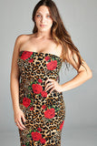 Plus Size Rose & Leopard Fitted Strapless Midi Dress