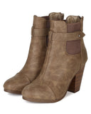 Beige Round toe Faux Leather Ankle Stacked Chunky Heel Vegan Bootie