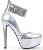  Metallic Silver Platform Ankle Stiletto Heel Pump