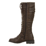 Leatherette Triple Buckle Lace Up Knee High Boot