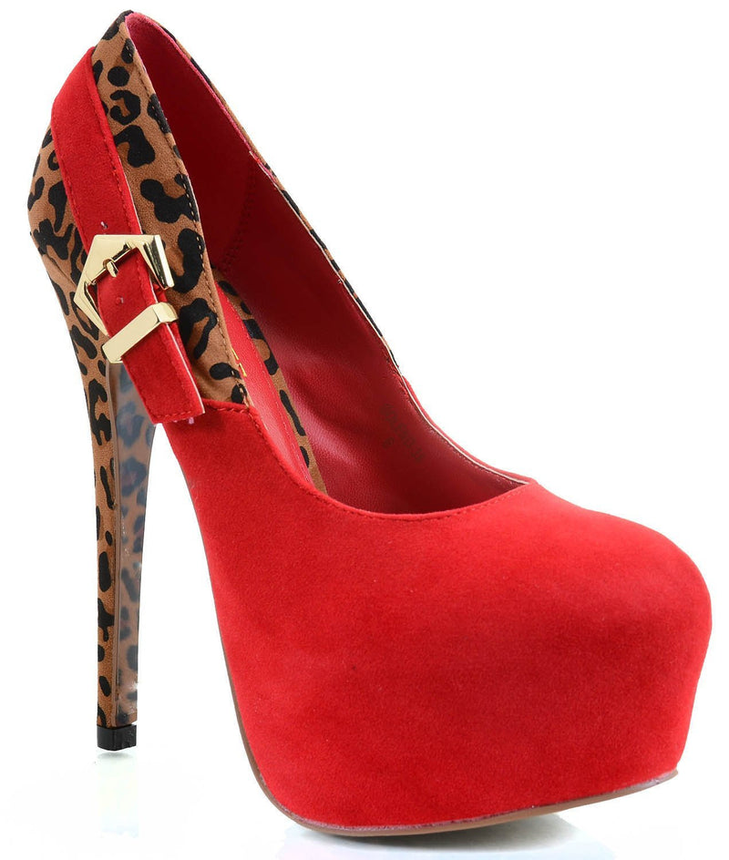  Red Leopard Print Black Faux Suede Stiletto Heels Platform Pump