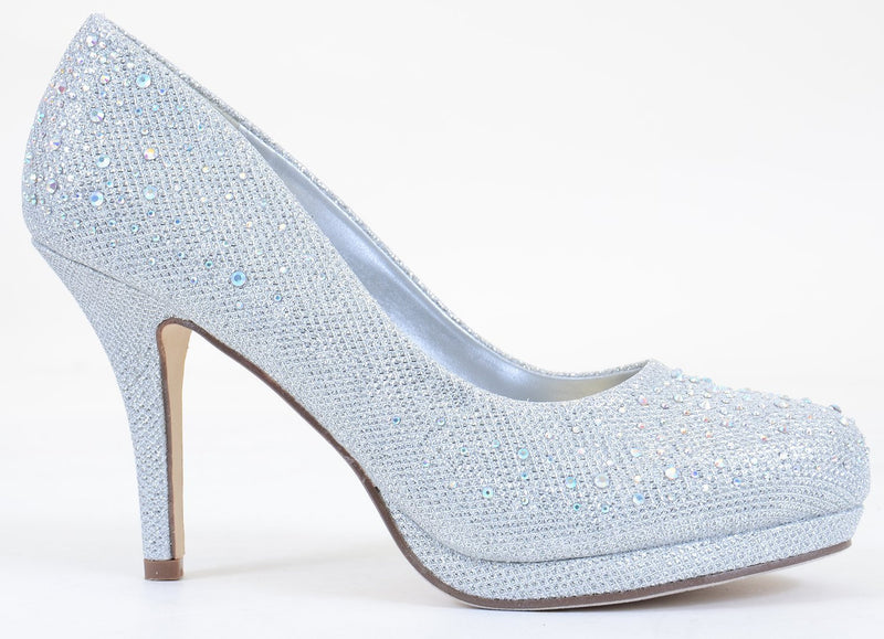 Jeweled Glitter Beaded Formal Party Low Heels Silver Pumps