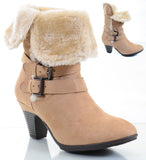  Furry Fold Over Buckle Straps Mid Calf Ankle Chunky Boots