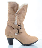  Furry Fold Over Buckle Straps Mid Calf Ankle Chunky Boots