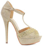 Jeweled Glitter Beaded Peep-toe T-strap Formal Party Heels