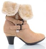  Furry Fold Over Buckle Straps Mid Calf Ankle Chunky Boots