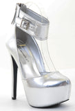  Metallic Silver Platform Ankle Stiletto Heel Pump