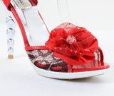  Red Leopard Jeweled Flowers Platform Mesh Peep toe Pyramid Heels